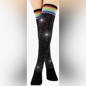 Rainbow socks striped thigh high crystal rhinestone otk knee high sparkly new